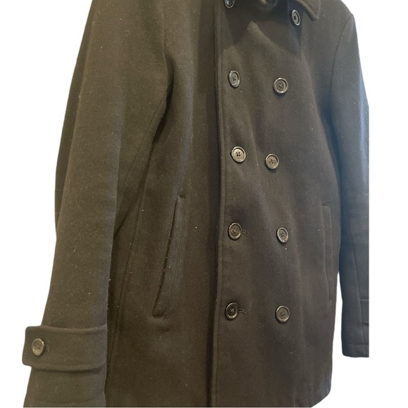 SHIPS JET BLUE M (L) Black wool blend car length Pea coat quilted lining pockets - Picture 2 of 4